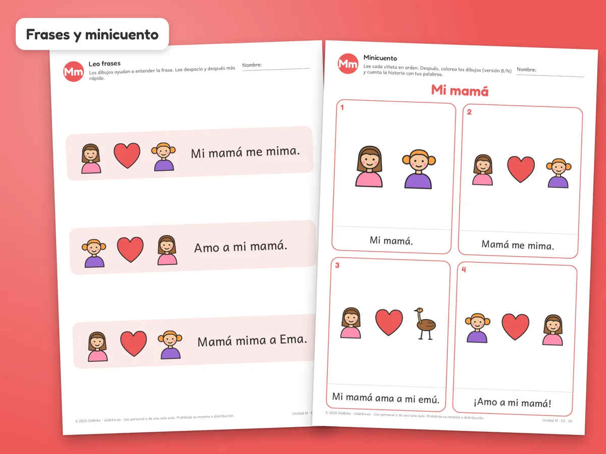 Páginas de frases y minicuento de la Unidad M